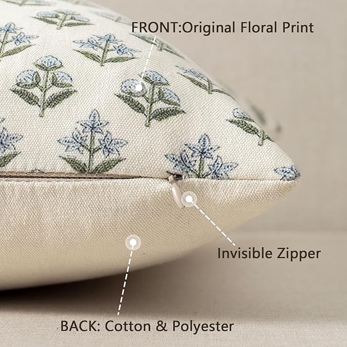 YCOLL Farmhouse Floral Print Throw Pillow Covers 20x20 Set of 2, Rustic Decorative Cushion Covers for Sofa Couch Bed Living Room, Vintage Floral Patterned Cottage Home Decor, Blue Green