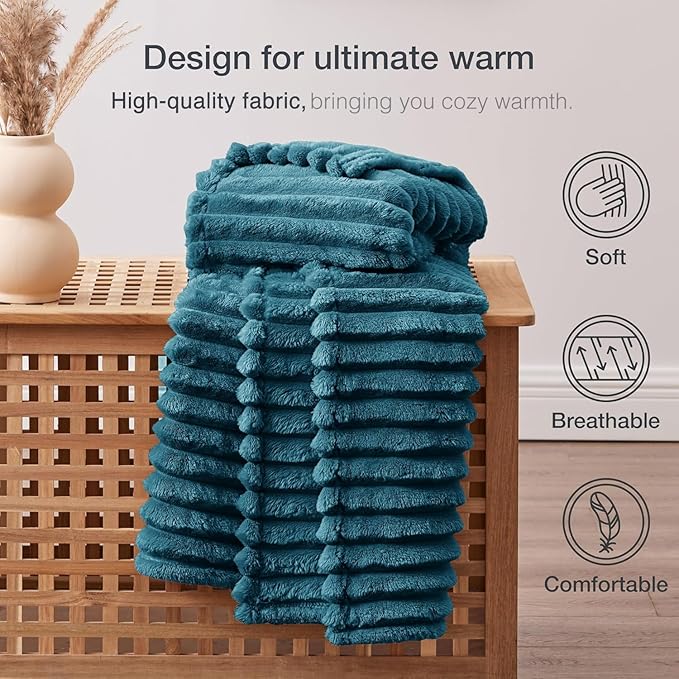 EXQ Home Fleece Blanket Twin Size for Couch or Bed - 3D Stripe Jacquard Decorative Blankets - Cozy Soft Lightweight Fuzzy Flannel Blanket Suitable for All Seasons(60"×80",Teal)