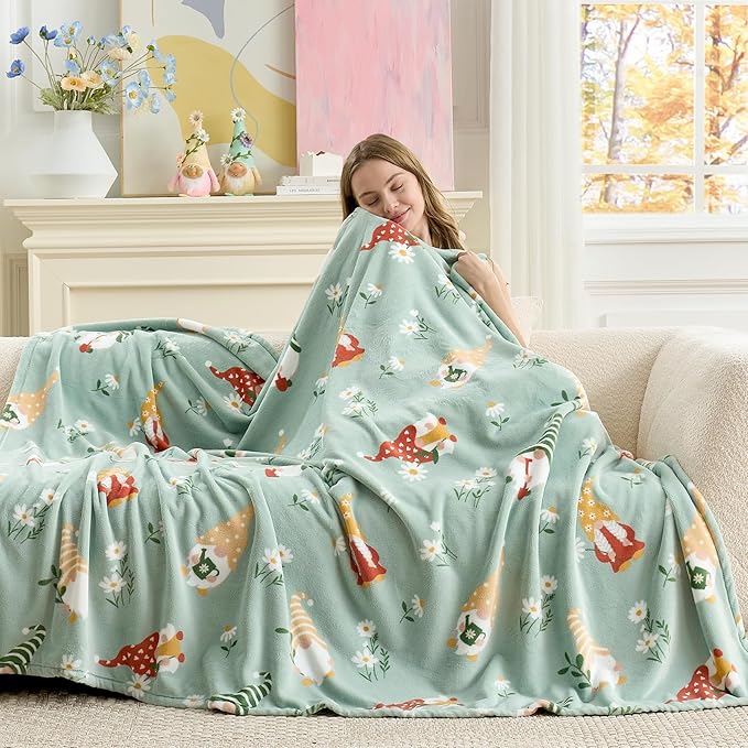 Cozy Bliss Gnome Spring Throw Blanket - Garden Daisy Floral Design, Warm MilkyPlush Throw Blankets, Ultra Soft Cozy Blankets for Couch, Sofa and Bed, Green, 60X80inches