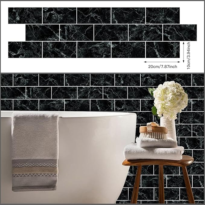HLNIUC 16-Sheet Black Marble Wall Tiles, 8'x4', Peel And Stick, Waterproof, PVC Self Adhesive, Kitchen & Bathroom Backsplash