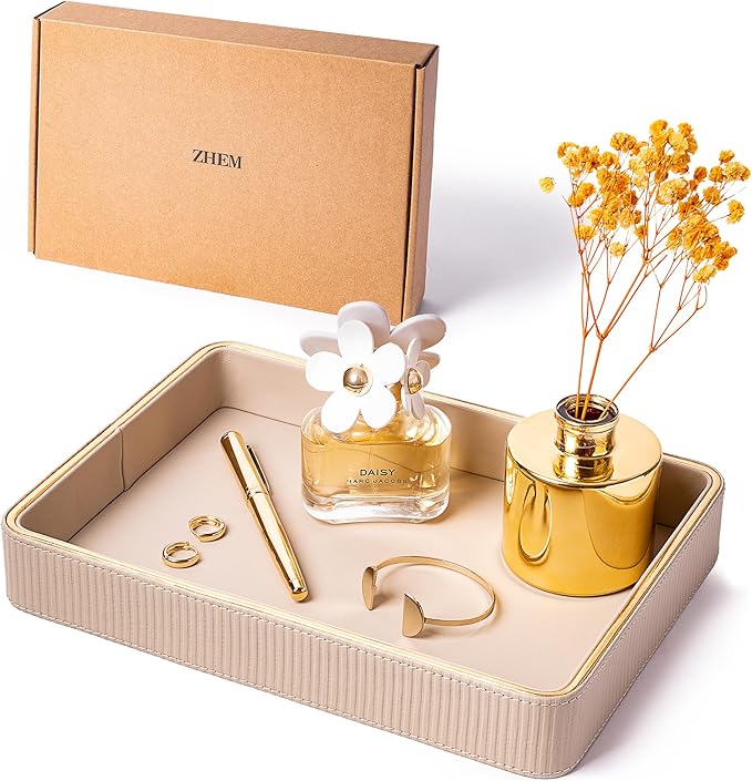 ZHEM Women Perfume Tray Valet Tray NightStand Bedside Organizer| Perfume Organizer Holder| Decorative Perfume Trays| Leather Vanity Tray Catchall Trinket Tray (Beige 8"x11"x1.75")