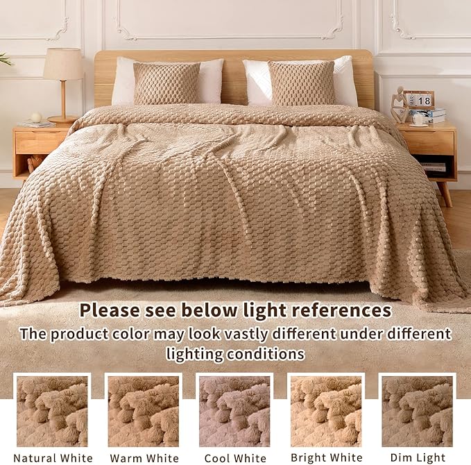 FY FIBER HOUSE Fleece Blanket Queen Size for Bed 300GSM Super Soft Plush Fuzzy Blankets and Throws for Sofa Couch Office, 90x90 Inches, Camel