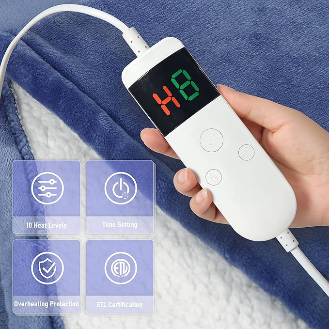 Heated Blanket Electric Queen Size, Soft Sherpa Flannel Heating Blanket Throw with Overheating Protection, 8 Hours Auto Off 10 Fast Heating Levels, Heat Blanket for Home & Office Machine Washable