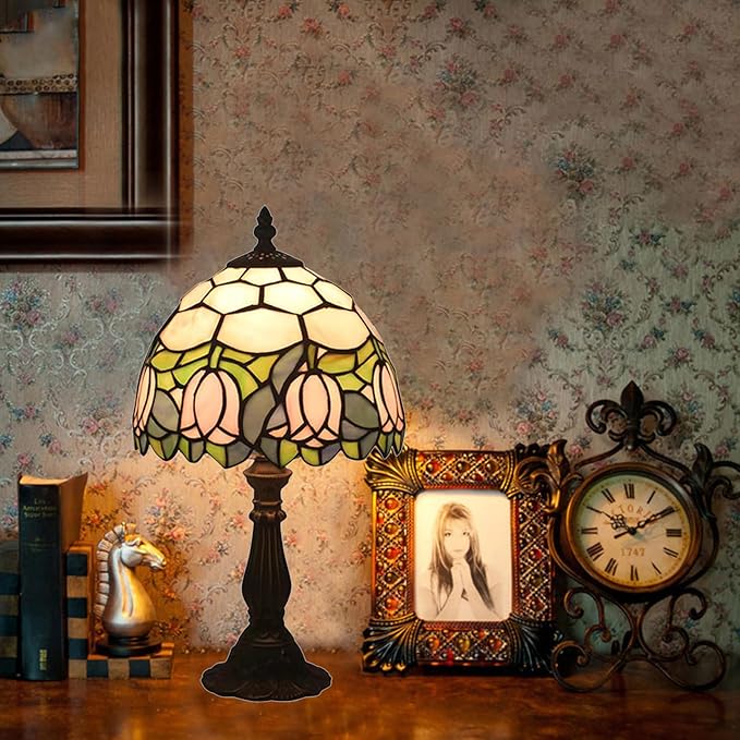 Tiffany Style Table Lamp, Pink Tulip Stained Glass Lamp, 8 Inch Small Antique Lamp, for Bedside Nightstand Bedroom Living Room Home Office, Include LED Bulb