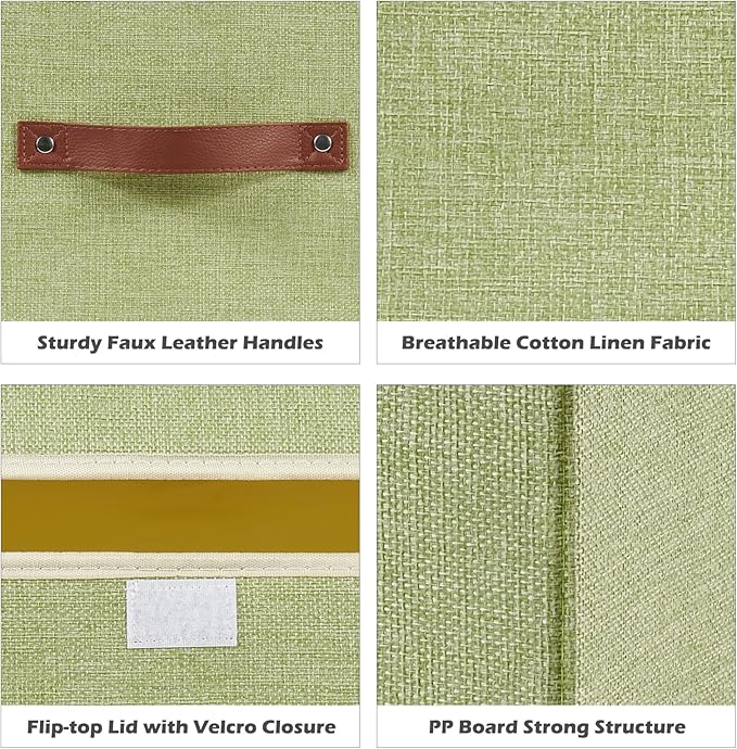 Storage Boxes with Lid Cotton Linen Fabric Storage Bins Organizer Container Decorative Collapsible Washable Shelf Baskets Faux Leather Handles for Home Bedroom Closet (Green, Large Size)
