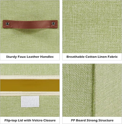 2PCS Storage Boxes with Lid Cotton Linen Fabric Storage Bins Organizer Container Decorative Collapsible Washable Shelf Closet Baskets Faux Leather Handles Home Bedroom (Green, Small Size)