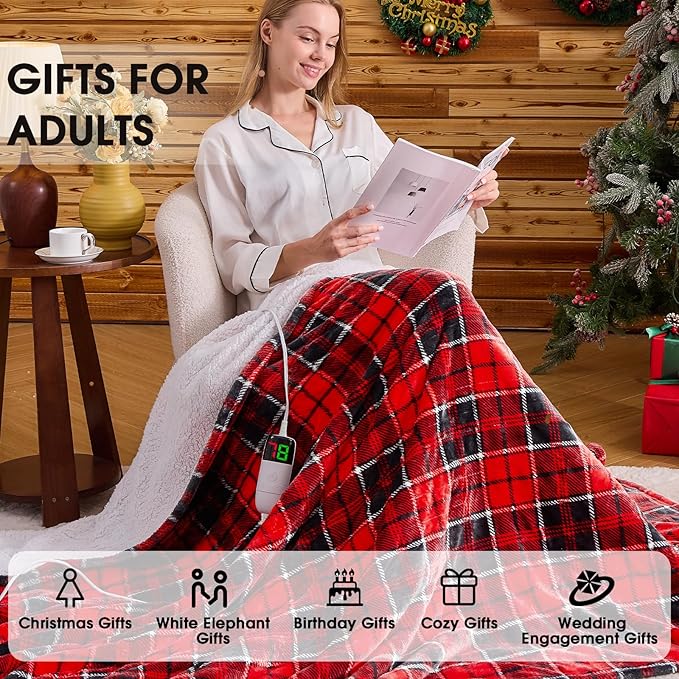 OCTROT Red Christmas Heated Blanket Electric Throw 50X60, Heating Throw Gift with 10 Heating Levels & 8 Hours Auto Off, Plaid Checkered Sherpa Blanket Warmer for Adults, Couch Bed Office Use