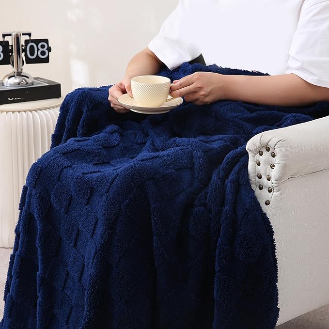 Navy Blue Fleece Throw Blanket 60”×80” for Couch Sofa Bed,Super Soft Cozy Plush Microfiber Flannel Blanket with 3D Checkered Design Lightweight for Adults,Woman,Girls