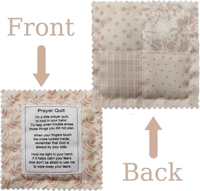 Mini Prayer Quilt with Cross Inside Vintage Pocket Scripture Prayer Quilt Squares Sympathy Christian Gifts for Women Pastor Appreciation Father's Day Graduates Gifts (Cream)
