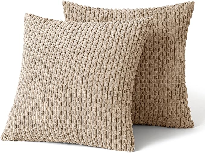MIULEE Pack of 2 Decorative Throw Pillow Covers 18x18 Inch Soft Boho Striped Textured Corduroy Pillow Covers Modern Farmhouse Home Decor for Couch Bed Sofa Living Room Neutral Tan