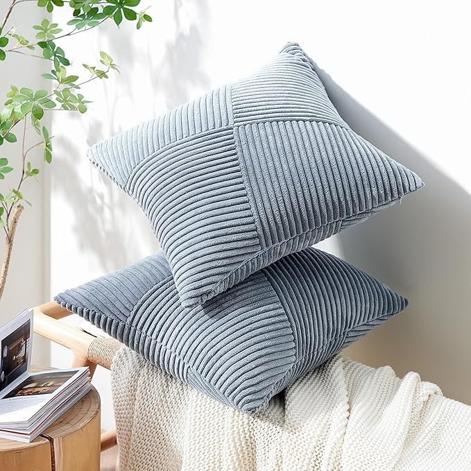 Topfinel 22x22 inches Dustyblue Euro Pillow Shams Set of 2 Corduroy Decorative Throw Pillow Covers for Bedroom Living Room, Windmill Textured Striped Patchwork Couch Pillow Covers 55x55 cm