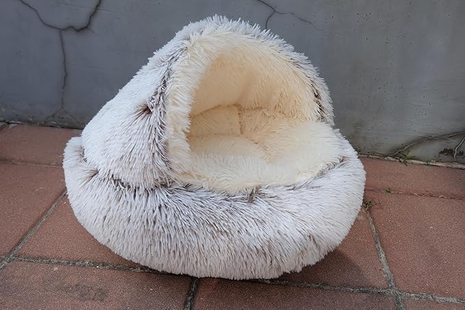 Calming Round Dog Beds &Cat Cave Bed with Hooded Cover,Plush Fluffy Dog Bed Anti-Anxiety Cat Cave Bed,Waterproof Bottom Washable (Coffee, 25.6X 25.6inch)