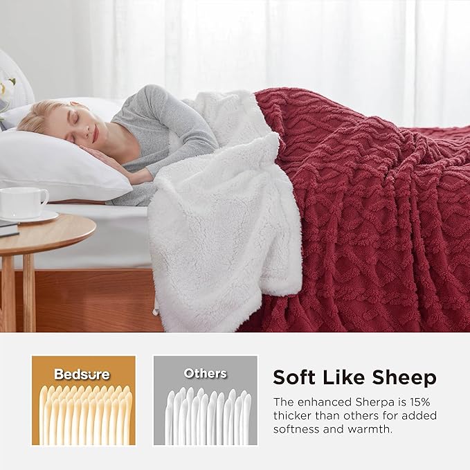 Bedsure Gentlesoft Sherpa Queen Size Blanket for Bed - Fleece Fluffy & Cozy Cable Jacquard Tufted for Women Gift, Thick and Warm Christmas Blanket for Winter, Red, 90x90 Inches