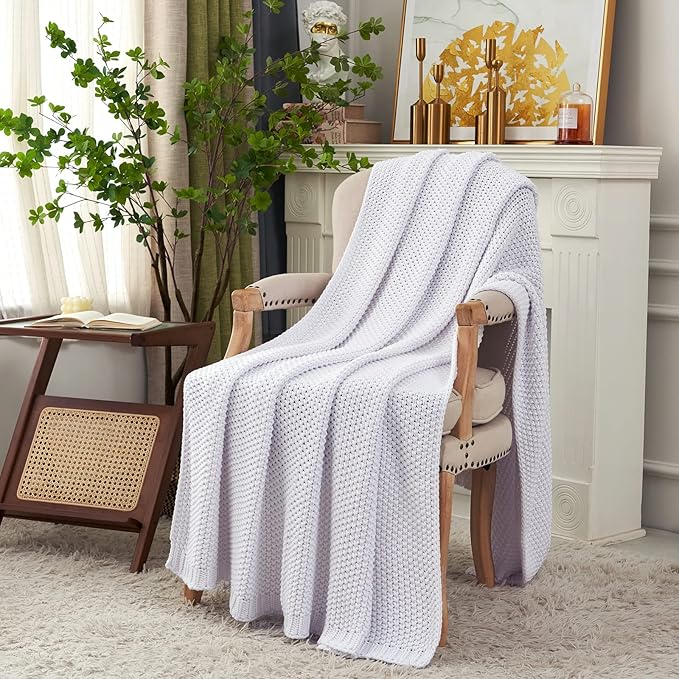 Chunky Cable Knit Throw Blanket Lightweight White 100% Organic Cotton Blanket for Sofa Couch Bed Baby Nursery, Rustic Shabby Chic Modern Farmhouse, Pure White 60” x 80” Give Laundering Bag
