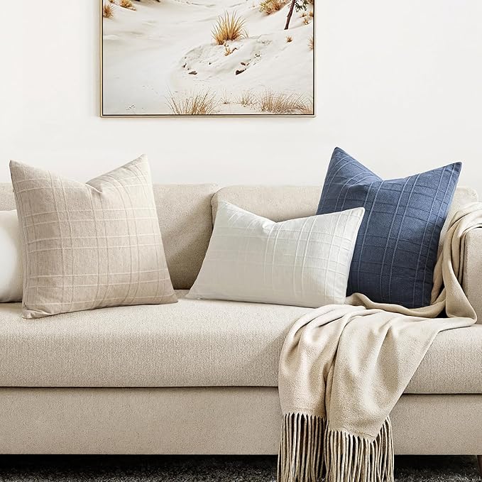 MIULEE Decorative Linen Check Euro Shams Throw Pillow Covers Neutral Farmhouse Vintage Pillow Covers 26x26 Set of 2 Boho Modern Home Decor for Sofa Couch Bedroom Cushion Cream White