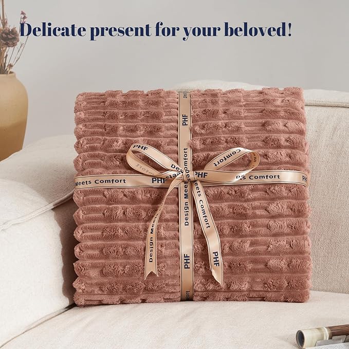 PHF Ultra Soft Flannel Fleece Blanket King Size, Lightweight 3D Jacquard Fleece Blanket, No Shedding, No Pilling, Luxury 340GSM Aesthetic Fluffy Cozy for Bed Room Decor, 108"x90", Mocha Mousse