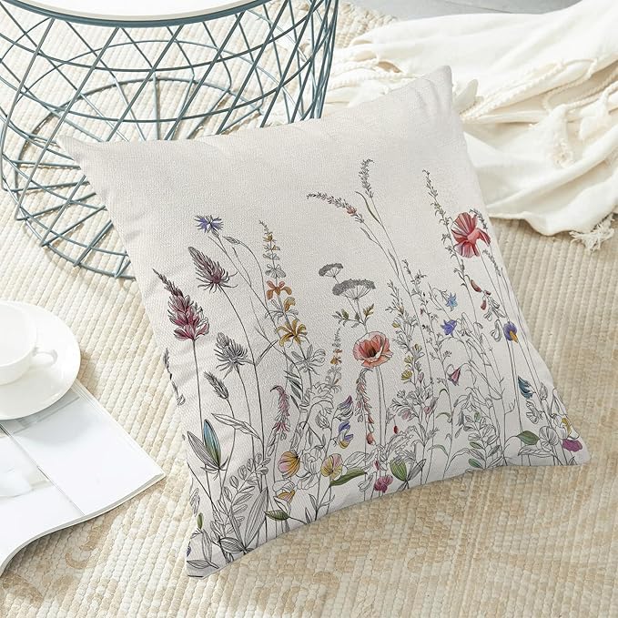 AEIOAE Spring Pillow Covers 16x16 Inch Set of 2, Black Wild Flower Throw Pillows Case,Colorful Seasonal Floral Plant Outdoor Decorative Farmhouse Decor Cushion Covers for Home Sofa Bed Couch