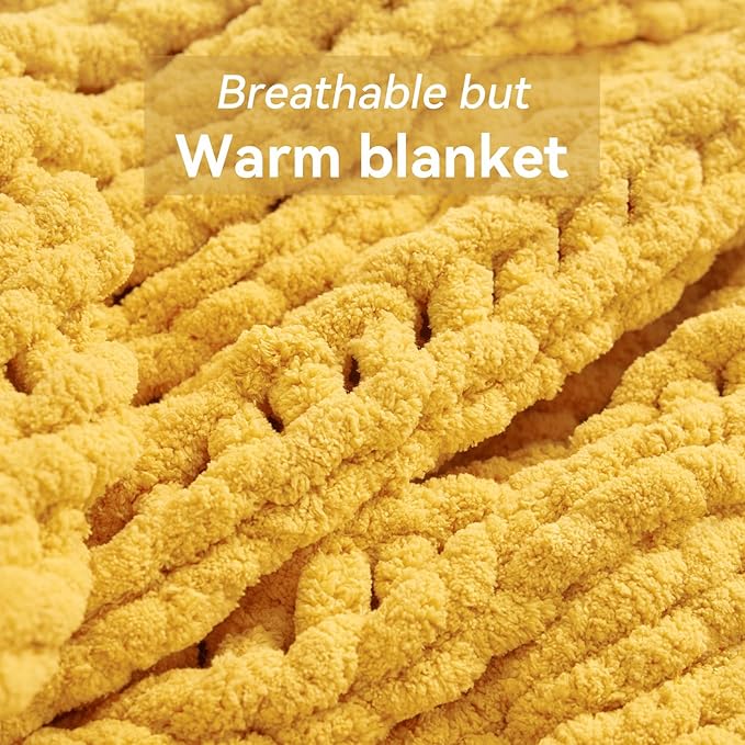 Chunky Knit Throw Blanket, 60''*80'' Knitted Throw Chenille Yarn for Bed Couch, Handmade Yellow Crochet Big Thick Blanket, Machine Washable Cute Comfy Blanket for Home Decor