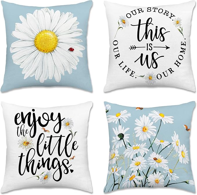 Hexagram Spring Summer Pillow Covers 16x16 Set of 4, Floral Daisy Outdoor Decorative Throw Pillow Covers, Blue Farmhouse Cushion Case for Couch Sofa Living Room Bedroom Home Indoor Decor(No Insert)