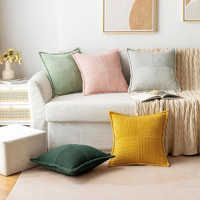 MIULEE Decorative Euro Sham Throw Pillow Covers for Couch Bed Livingroom 24x24 Inch Set of 2 Dark Green Boho Accent Throw Pllows Broadside Striped Patchwork Soft Corduroy Pillowcases