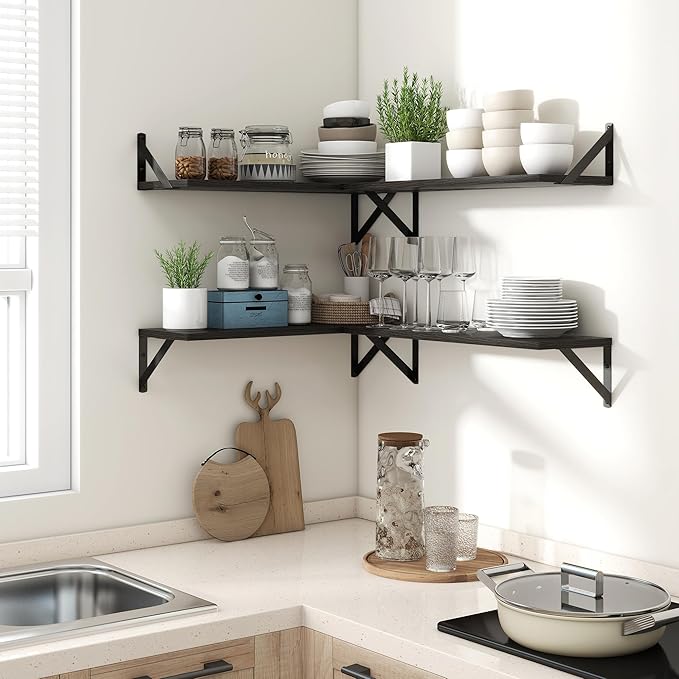 Axeman 32 Inch Floating Shelves | 8 Inch Deep Black Wood Wall Shelves Set of 2 | 31.5" W x 8" D Rustic Black Shelves for Bathroom Kitchen Living Room