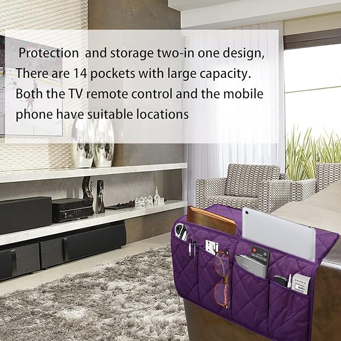 Sofa Armrest Organizer Waterproof Armchair Caddy Remote Control Holder for Recliner Non Slip Recliner Organizer Chair Arm Organizer with 14 Pockets for TV Remotes, Books, Magazines, iPad