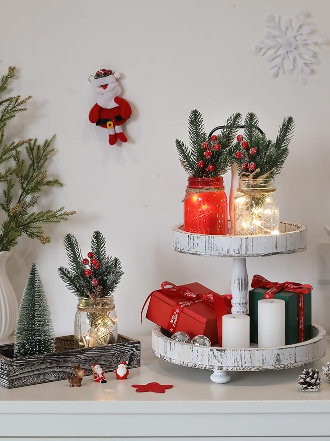 Winter Mason Jar Centerpiece for Table with LED Lights & Artificial Plants, Set of 3 Decorative Red Mason Jars for Christmas Home Decor, Kitchen Dining Table Centerpiece
