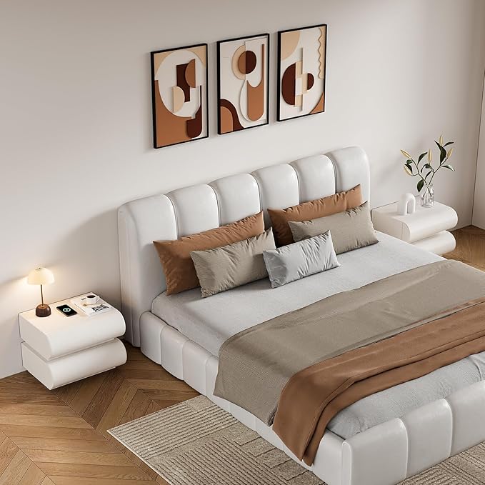 homary Smart Nightstands Set of 2 with Wireless Charging Station, USB & Type-C Ports, Faux Leather White Night Stands Modern Bedside Tables for Bedroom Storage, Fully Assembled