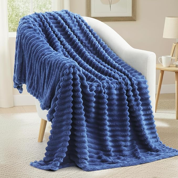 decorUhome Soft Fleece Navy Blue Blanket King Size for Bed, Cozy Fluffy Plush Flannel Large Striped Throws for Couch Sofa, Lightweight Decorative Fuzzy Blanket for Woman, 108x90 Inches