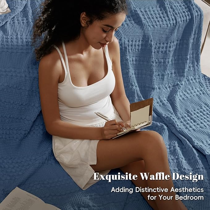 PHF 100% Cotton Waffle Weave Blanket Queen Size for Bed, Soft Lightweight & Breathable for Spring and Summer, All-Season Comfort, Luxury Aesthetic Blanket for Home Decor, 90"x90", Denim Blue