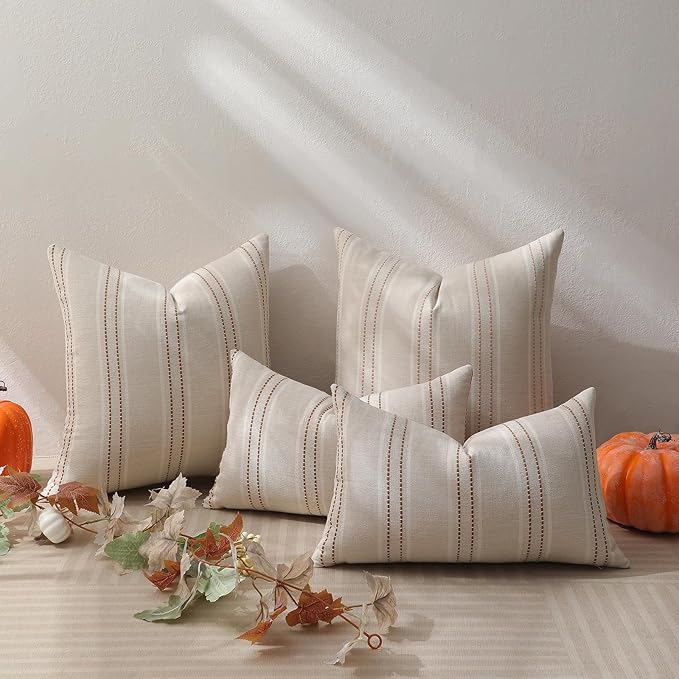 Hckot Fall Throw Pillow Covers 12x20 Set of 2 Striped Pillow Covers Textured Linen Decorative Pillows Square Cushion Covers for Sofa Couch Bed Living Room Farmhouse Decor(Caramel)
