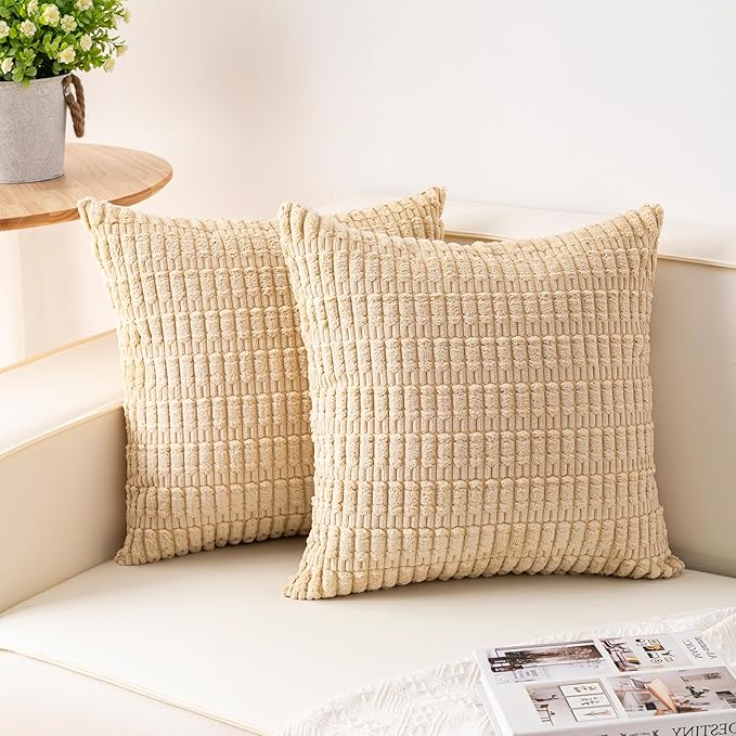 Aegero Pack of 2 Corduroy Decorative Throw Pillow Covers 16x16 Inch Soft Striped Pillow Covers Modern Farmhouse Home Decor for Sofa Living Room Couch Bed（Beige）
