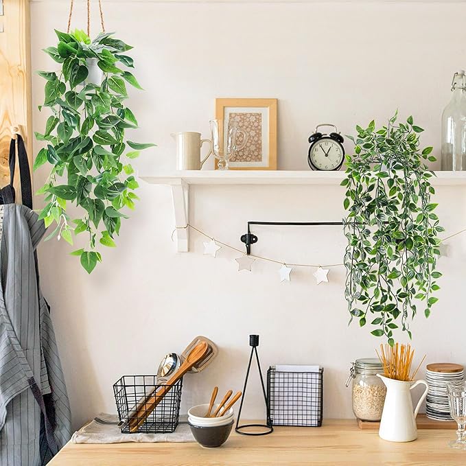 Der Rose 2Pcs Fake Plants Artificial Potted Faux Hanging Ivy Vines Plants Indoor for Home Bathroom Shelf Wall Bookshelf Decor