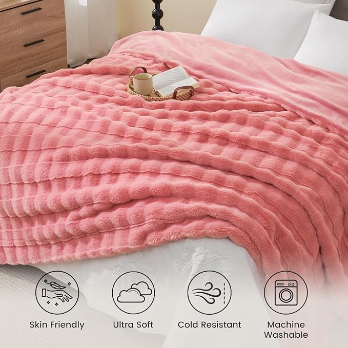 Cozy Bliss Fluffy Faux Fur Blanket Queen Size for Bed, Fuzzy Soft Striped Plush Blanket, Thick Throw for Bedroom Couch Gift, 90x90 Inches Pink