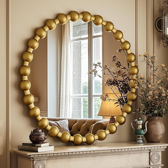 Round Mirror for Wall, 24 Inch Gold Beaded Frame Decorative Vanity Mirror, Circle Bathroom Mirror with High-Definition Lense, Modern Wall Decor for Bathroom, Living Room, Bedroom, Entryway