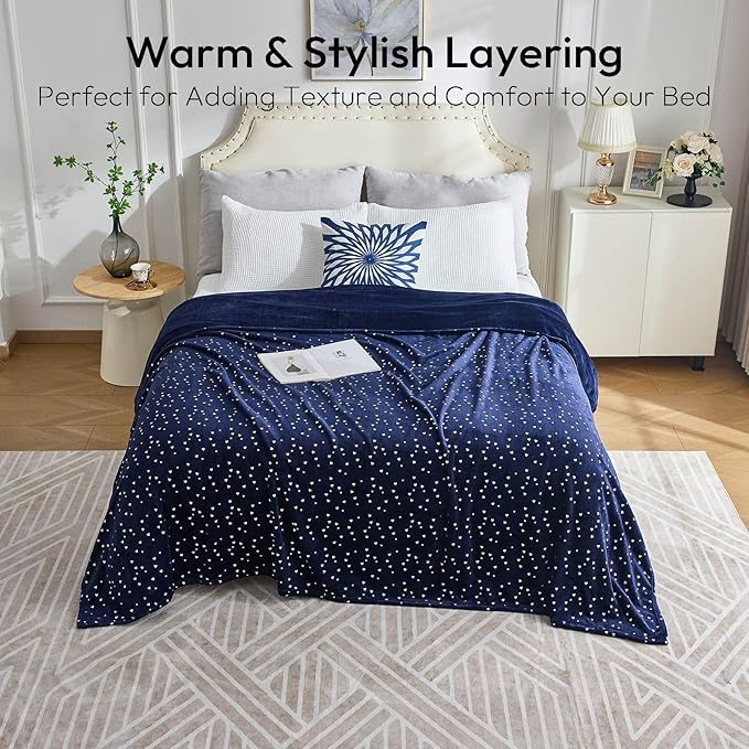 NANPIPER Fleece Blanket Heart Foil Print, King Size Soft Thick Microfiber, All Season Warm Lightweight Throw for Couch/Bed, 90"x108" Navy Blue