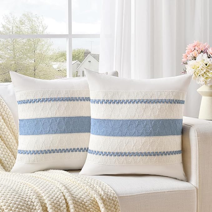 Fancy Homi Set of 2 Boho Light Blue Decorative Throw Pillow Cover 20x20 Inch for Couch Bed Sofa, Aesthetic Modern Organic Farmhouse Home Decor, Soft Cotton Cute Accent Macrame Woven Cushion Case