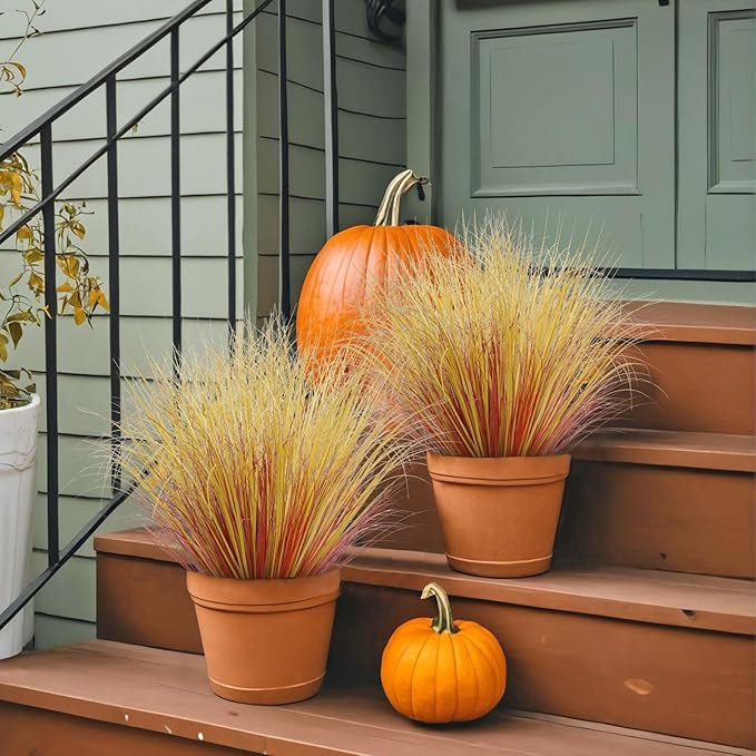 24 Bundles Artificial Fall Plants Outdoor Fake Shrubs Autumn Wheat Grass 20 Inch Fall Greenery Stems Tall Onion Grass UV Resistant Faux Bushes Plant for Garden Farmhouse Thanksgiving Fall Decor