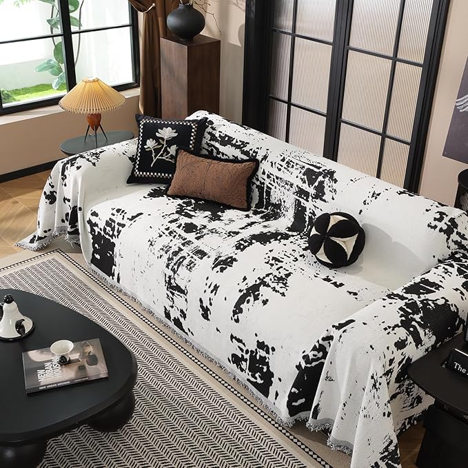 HANDONTIME Abstract Couch Cover for Dogs White and Black Couch Cover Blanket for 2 Cushion Sofa Modern Aesthetics Sofa Covers Washable Pet Friendly Chenille Pet Protector Furniture Covers, 71" X 118"
