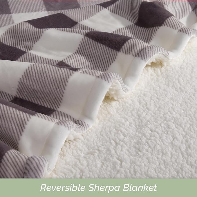 Elegant Comfort Ultra Soft Reversible Buffalo Plaid Flannel Sherpa Blanket - Cozy Silky Checkered Fleece Throw for Couch, Bed - Plush Fuzzy Warm Winter Blanket for Gift, Twin XL, Gray