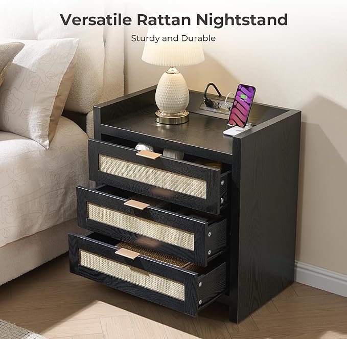 SICOTAS Nightstands Set of 2 Bedside Table - Larger Rattan Night Stand with Type-C Charging Station, 3 Drawers Storage - Boho Tall Night Stands End Table for Bedroom Office - Black Oak