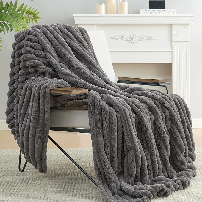 Amélie Home Faux Fur Throw Blanket for Couch, Cozy Fuzzy Fluffy Fur Luxurious Soft Striped Plush Gift Blankets for Family Sofa Chair Bedroom, 60"x80", Charcoal Grey