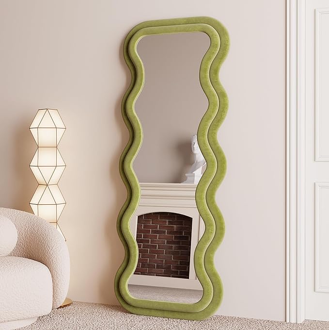 BOJOY Full Length Mirror 63"x24", Irregular Wavy Mirror, Arched Floor Mirror, Wall Mirror Standing Hanging or Leaning Against Wall for Bedroom, Flannel Wrapped Wooden Frame Mirror -Green