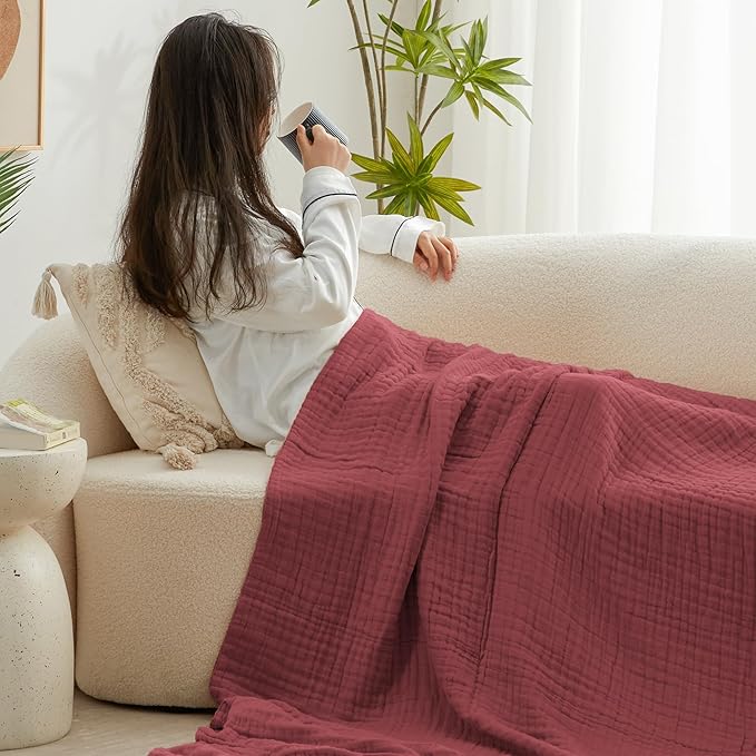 Love's cabin 100% Cotton Muslin Blanket, 6 Layer Lightweight Breathable Gauze King Size Blanket 108 x 90 Inches, Soft Summer Blanket for Bed, Wine Red