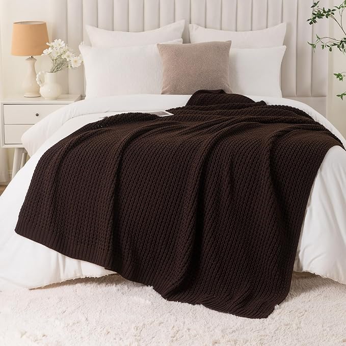 Bunnikins & Clover Dark Brown Throw Blanket for Couch, Soft Chenille Knit Throw Blanket for Home Decor, Decorative Chocolate Brown Blanket for Bed, Living Room, 60"x80"