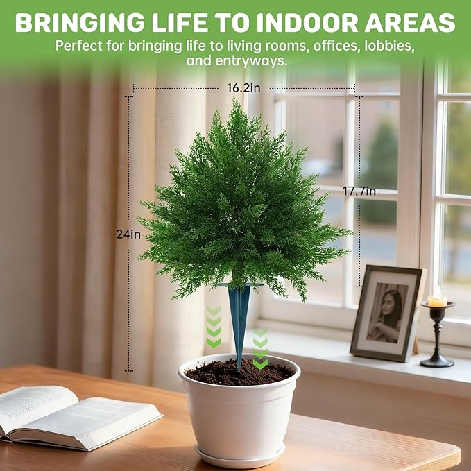 Artificial CedarTopiary Bushes for Outdoors with Spike, Set of 2 Cypress Topiary Trees with UV Resistant, Outdoors Fake Shrubs Faux Plants for Front Porch Indoor Outdoor Decor