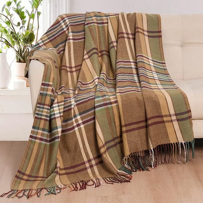 David's Home Buffalo Plaid Throw Blanket- Soft and Lightweight Tartan Herringbone Fringe Blanket for Couch Sofa-Outdoor Lap Throw with Decorative Tassels,50x60 Inches-Pumpking Orange