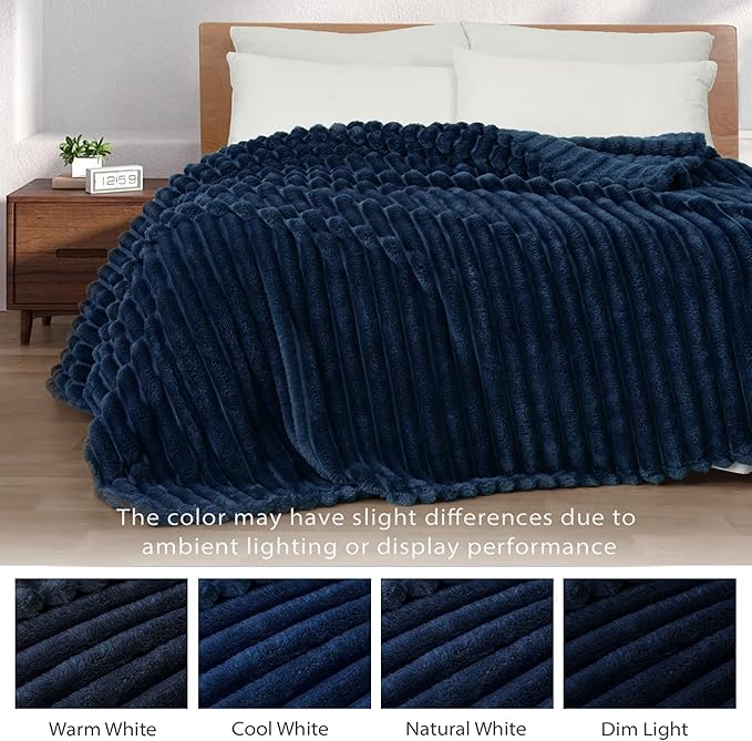 Exclusivo Mezcla Queen Size Flannel Fleece Blanket, Super Soft Striped Jacquard Bed Blanket, Lightweight Fuzzy Cozy for All Seasons, 90x90 Inches, Navy Blue