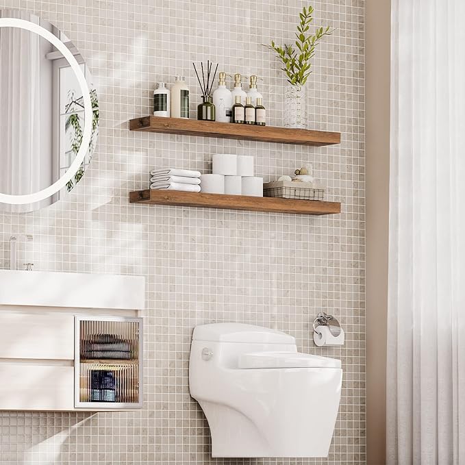 HOOBRO Floating Shelves for Wall, Wall Mounted Shelf Set of 2, 47.2" Hanging Shelf with Invisible Brackets, for Wall in Bathroom, Bedroom, Toilet, Kitchen, Living Room, Rustic Brown BF120BJP201