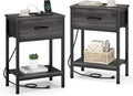Vagusicc Nightstand Set of 2 with Charging Station, Bed Side Table with Fabric Drawer, Small End Table with 2-Tier Open Shelves, 25.4" Tall Night Stand Bedside Table for Bedroom Living Room, Black Oak